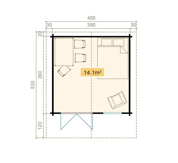 Nyaraló F42 tetővel | 14,14 m² | 70 mm-es rönk | Természetes | beleértve a padlóburkolatot és a hőszigetelő üvegezést - Image 5