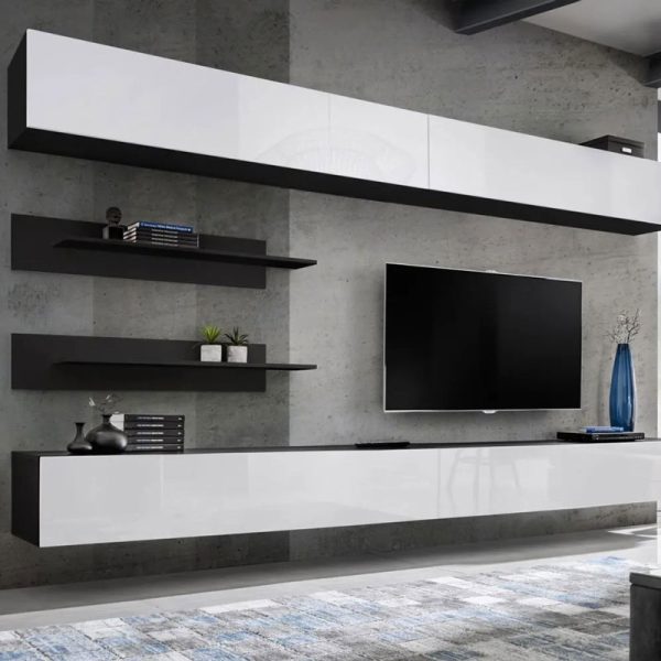 Kivételes Hompland 87 fali egység, szín: fehér/fekete - méretek: 180 x 320 x 40 cm (Ma x SZ x Mé), elegendő tárhellyel