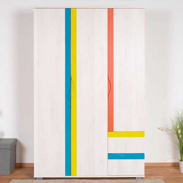 Gyerek szoba - forgóajtós szekrény / gardrób Péter 02, szín: fenyő fehér / narancs / sárga / türkiz - méretek: 200 x 128 x 56 cm (Ma x Sz x Mé)